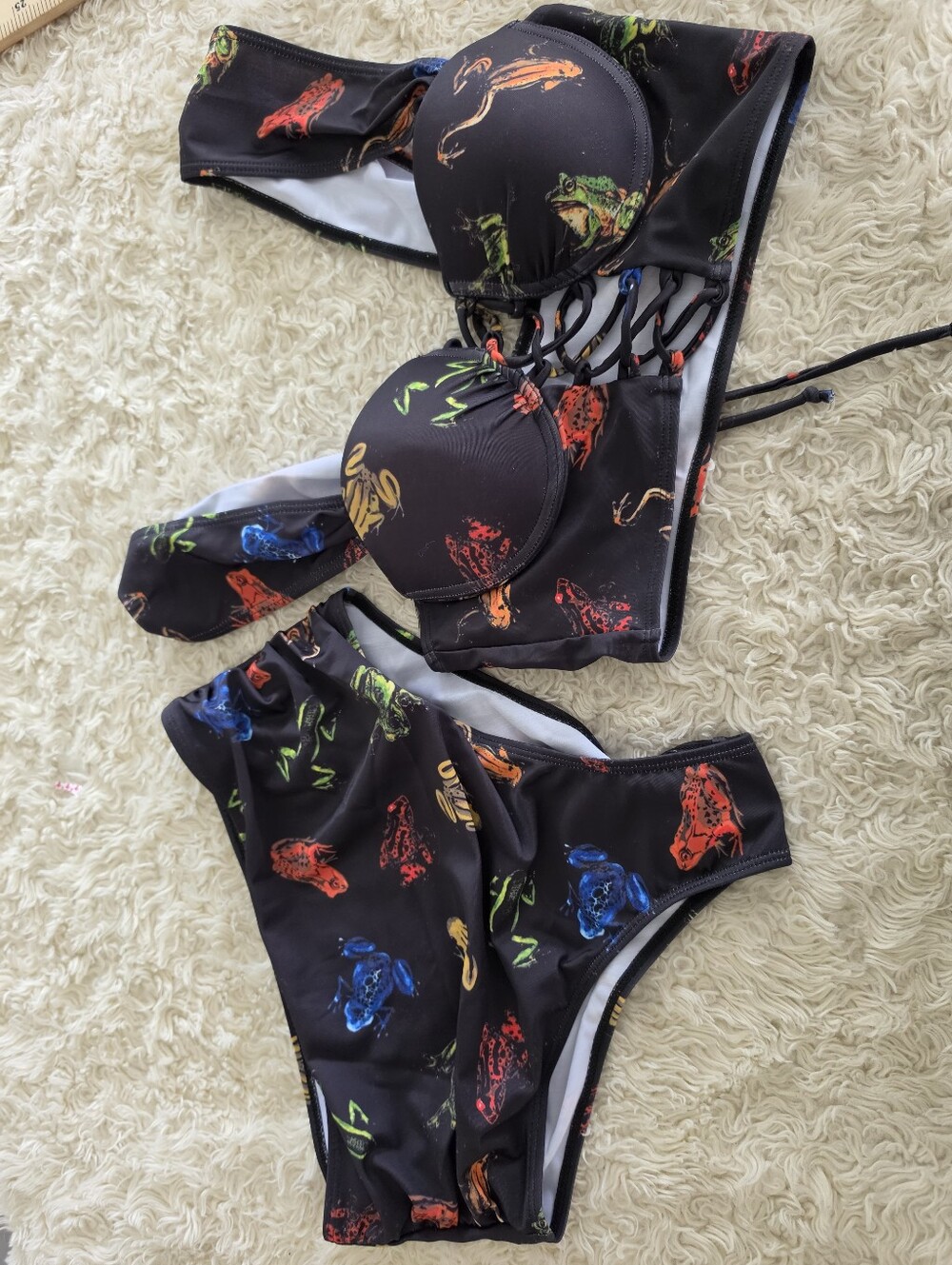 Black Bikini Set with Neon Fish Print